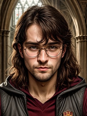 Smart strong british man, Extremely detailed 25 years old Harry Potter in Hogwarts , closeup, high detailing, round shape glasses, light Beard ,Portrait