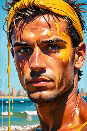 In the style of light aquamarine and dark orange, (((a handsome young sportman portrait))), yellow headband, swimmer bodybuilding stock photo, fitness imagery, (((dripping with paint in an urban decay setting))), beach portrait, multi-layered color fields, sun-soaked colors, rendered in a hyper-realistic oil style.