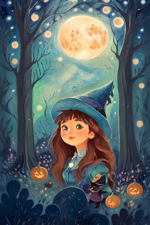 By Van gogh, forest, stars, moon, night, oil painting, highly detailed, sharpness, dynamic lighting, super detailing, van gogh sight background, painterley effect, post impressionism, ,oil painting, 1girl, brown long hair, black eyes, brown vintage dress with hat,2-dimension_animated, masterpiece,cartoon, autumn, a cute cat follow the girl
