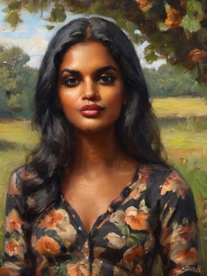 Exactly the image attached, Single Realistic 25 years old Beautiful young sri lankan woman, shiny honey skin tone, lovely face, nice blushing cheeks, round lower lip, long black shiny hair, nature background,floral clothes,natural light,she is biting her own lip,oil painting,greg rutkowski,porcellana style,painting