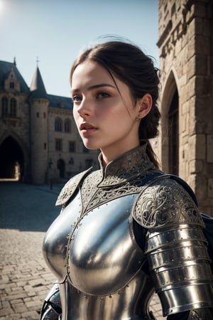 (masterpiece), (extremely intricate:1.3), (realistic), portrait of a girl, the most beautiful in the world, (medieval armor), metal reflections, upper body, outdoors, intense sunlight, far away castle, professional photograph of a stunning woman detailed, sharp focus, dramatic, award winning, cinematic lighting, octane render, unreal engine, volumetrics dtx, (film grain)