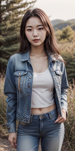 Exactly the image attached, Single Realistic 25 years old Beautiful young korean woman, shiny skin tone, lovely face, nice blushing cheeks, round lower lip, long shiny hair, nature background,floral denim, a meroon color tanktop, jacket,natural light,Sexy Pose, jacket should be perfectly wear