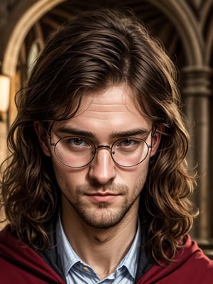 Smart strong british man, Extremely detailed 25 years old Harry Potter in Hogwarts , closeup, high detailing, round shape glasses, light Beard 