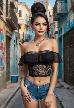 ((top quality)), ((masterpiece)), beautiful european woman wearing shorts, wearing a (black and Bold Bloom Off-The-Shoulder Floral Mesh_see through tank top), see nipples through the tank top, big heavy bust, deep cleavage, long detailed dark brown ponytail hairstyle, slightly open lips, dark eye shadow makeup, tattoos, she has a small waist, hourglass body, highly detailed eyes, highly detailed mouth, cinematic image, necklace, more detail XL, lots of dark shadows to create mystery, cinematic image, illuminated by soft light. BREAK the woman stands in La Habana urban landscape, with a graffiti wall in background. The wall has the (text "2000 LIKES":1.5) on it, steampunk style,,