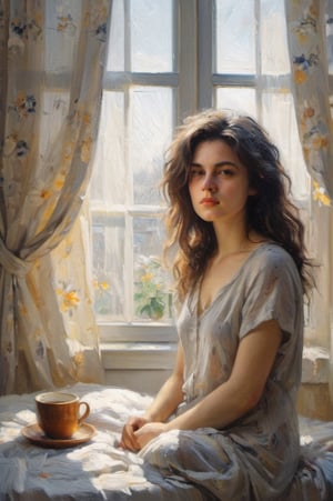 Extremely beautiful 20 years old woman woken up, morning vibe, morning sunlight, ambient light, calm environment, near a window, curtain, half covered body, on a bed, bedsheet, messy  hair, pale skin, lovely emotion, sunlight coming to her body,Gric
,painting