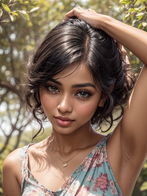 Exactly the image attached, Single Realistic 25 years old Beautiful young sri lankan woman, shiny honey skin tone, lovely face, nice blushing cheeks, round lower lip, long black shiny hair, nature background,floral clothes,natural light,she is biting her own lip