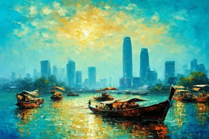 Masterpiece, high quality, magnificent scene, oil painting style, blue hues sky, Turquoise hues waters, Chao Phraya, Bangkok view.