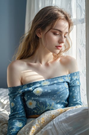 amazing quality, masterpiece, best quality, hyper detailed, ultra detailed, ((Extremely beautiful 20 years old woman woken up, morning vibe, morning sunlight, ambient light, calm environment, near a window, curtain, half covered body, on a bed, bedsheet, messy  hair, pale skin, lovely emotion, sunlight coming to her body in van Gogh style,)) extremely detailed, Oil painting style,v0ng44g