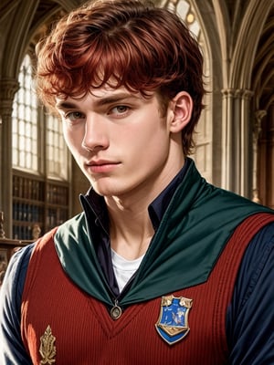 Smart fit man, Extremely detailed 25 years old Ron Wesley in Hogwarts, closeup, high detailing, red headed