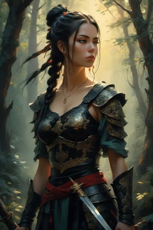 epic fantasy masterpiece, tenebrism, chiaroscuro art, Spanish romanticism painting, Goya artwork, oil painting, thick brush strokes sharp focus, epic light, intricate, intense colors, chromatic aberration, UHD, 8K, bokeh, ((a beautiful and sexy woman warrior in the forest)), (very long black hair with braids), ((punk haircut)), ((two-handed long spear)), ((armored armor)), dark atmosphere, fog, the dawn sun illuminates the woman filtering through the trees ,more detail XL,huayu