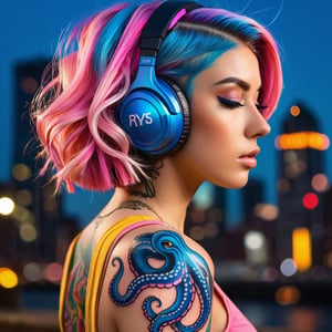 A portait of a beautiful girl, with headphones on, eyes closed listening to music, ((her hair blue / pink)), hyperrealistic, modernist,
(john collier), artstation, unreal engine, (((tentacles coming out of the back of her head))) , ((colourful squid tattoo on arm)), yellow cotton crop top with psychedelic pattern, New York city at night background, dramatic lighting with god rays, psychedelic colours