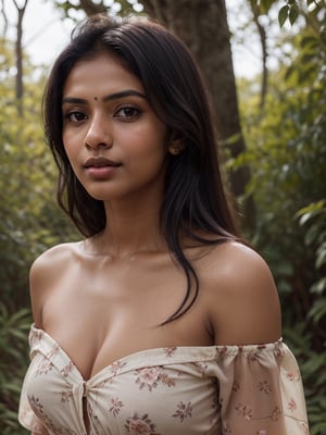 Exactly the image attached, Single Realistic 25 years old Beautiful young sri lankan woman, shiny honey skin tone, lovely face, nice blushing cheeks, round lower lip, long black shiny hair, nature background,floral clothes,natural light,Sexy Pose,off shoulder ,beautiful,SDXL