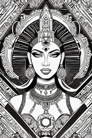 black and white comic book, cartoon illustration, coloring book page, black woman, egyptian art, ankh, pyramid, djed,  illustration,  black and white coloring book style, clean, line art, fractal art, sacred geometry, 432hz cymatics, kemet, african meditation, 7 energy chakras,3d style,tshirt design,gh3a,c0l0 style