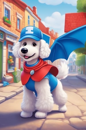 dog, a colorful town, a superhero poodle, wearing a bright blue cape, toothbrush sidekick, flying around the town, blue cape, her toothpaste mask,cute comic,cute dragon