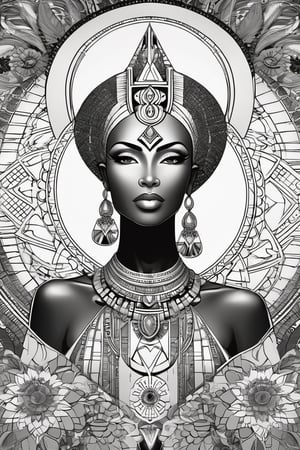 black and white comic book, cartoon illustration, coloring book page, black woman, egyptian art, ankh, pyramid, djed,  illustration,  black and white coloring book style, clean, line art, fractal art, sacred geometry, 432hz cymatics, kemet, african meditation, 7 energy chakras,3d style,tshirt design,gh3a,c0l0 style