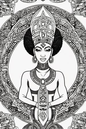 black and white comic book, cartoon illustration, coloring book page, black woman, egyptian art, ankh, pyramid, djed,  illustration,  black and white coloring book style, clean, line art, fractal art, sacred geometry, 432hz cymatics, kemet, african meditation, 7 energy chakras,3d style,tshirt design,gh3a,c0l0 style