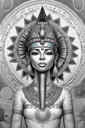 black woman, egyptian art, ankh, pyramid, djed,  illustration,  clean, line art, fractal art, sacred geometry, 432hz cymatics, kemet, african meditation, 7 energy chakras,3d style