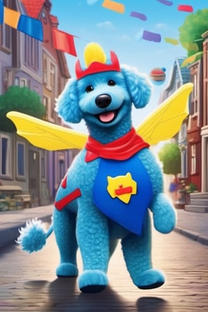 dog, a colorful town, a superhero poodle, wearing a special toothbrush cape and toothpaste mask, flying around the town, sparkly blue cape, her toothpaste mask had a big, bright smile
,cute comic,cute dragon