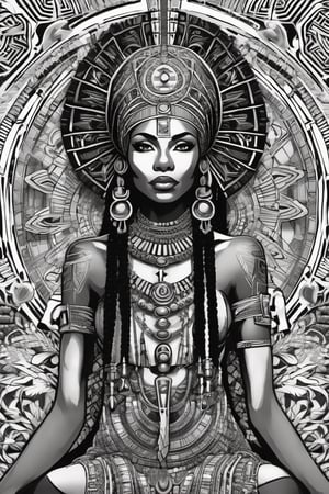 black woman, egyptian art, ankh, pyramid, djed,  illustration,  clean, line art, fractal art, sacred geometry, adult black and white coloring book style, 432hz cymatics, kemet, african meditation, 7 energy chakras,Leonardo Style