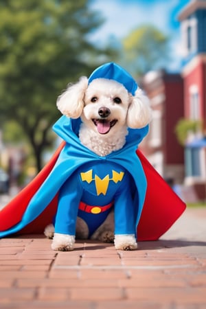 dog, a colorful town, a superhero poodle, wearing a special toothbrush cape and toothpaste mask, flying around the town, sparkly blue toothbrush cape, her toothpaste mask had a big, bright smile
