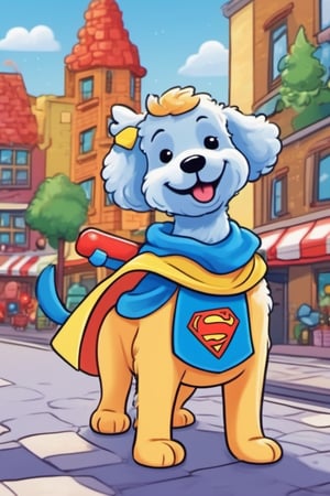 dog, a colorful town, a superhero poodle, wearing a special toothbrush cape and toothpaste mask, flying around the town, sparkly blue toothbrush cape, her toothpaste mask had a big, bright smile
,cute comic,cute dragon