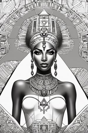 black and white comic book, cartoon illustration, coloring book page, black woman, egyptian art, ankh, pyramid, djed,  illustration,  black and white coloring book style, clean, line art, fractal art, sacred geometry, 432hz cymatics, kemet, african meditation, 7 energy chakras,3d style,tshirt design,gh3a,c0l0 style,lofi