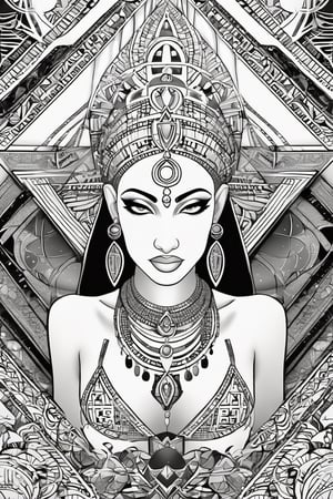 black and white comic book, cartoon illustration, coloring book page, black woman, egyptian art, ankh, pyramid, djed,  illustration,  black and white coloring book style, clean, line art, fractal art, sacred geometry, 432hz cymatics, kemet, african meditation, 7 energy chakras,3d style,tshirt design,gh3a,c0l0 style