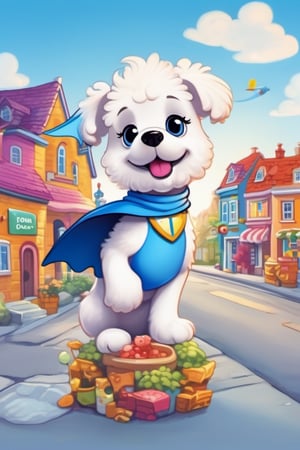 dog, a colorful town, a superhero poodle, wearing a bright blue cape, toothbrush sidekick, flying around the town, blue cape, her toothpaste mask,cute comic,cute dragon