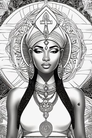 black and white comic book, cartoon illustration, coloring book page, black woman, egyptian art, ankh, pyramid, djed,  illustration,  black and white coloring book style, clean, line art, fractal art, sacred geometry, 432hz cymatics, kemet, african meditation, 7 energy chakras,3d style,tshirt design,gh3a,c0l0 style,lofi