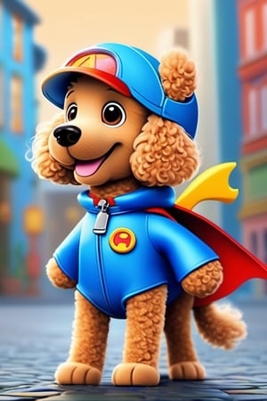 dog, a colorful town, a superhero poodle, wearing a bright blue cape, toothbrush best friend, flying around the town, sparkly blue cape, her toothpaste mask had a big, bright smile
,cute comic,cute dragon