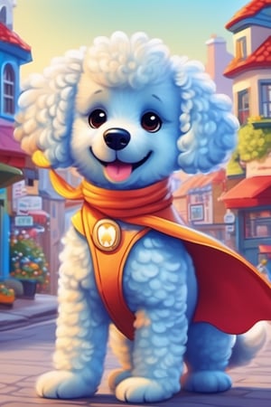 dog, a colorful town, a superhero poodle, wearing a special blue cape, toothbrush best friend, flying around the town, sparkly blue cape, her toothpaste mask had a big, bright smile
,cute comic,cute dragon