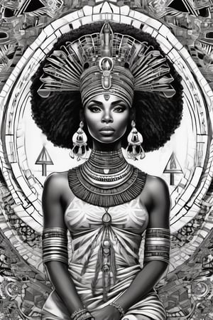 black woman, egyptian art, ankh, pyramid, djed,  illustration, black and white, clean, line art, fractal art, sacred geometry, black and white, adult black and white coloring book style, 432hz cymatics, kemet, african meditation, 7 energy chakras,Leonardo Style