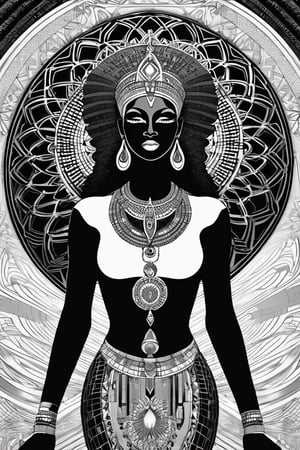 black woman, egyptian art, ankh, pyramid, djed,  illustration,  black and white, clean, line art, fractal art, sacred geometry, 432hz cymatics, kemet, african meditation, 7 energy chakras,3d style,tshirt design,gh3a,c0l0 style