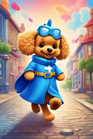 dog, a colorful town, a superhero poodle, wearing a special toothbrush cape and toothpaste mask, flying around the town, sparkly blue toothbrush cape, her toothpaste mask had a big, bright smile
,cute comic,cute dragon