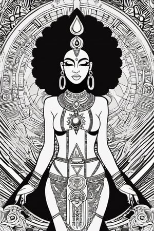 black and white comic book, cartoon illustration, coloring book page, black woman, egyptian art, ankh, pyramid, djed,  illustration,  black and white coloring book style, clean, line art, fractal art, sacred geometry, 432hz cymatics, kemet, african meditation, 7 energy chakras,3d style,tshirt design,gh3a,c0l0 style