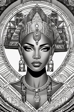 black and white comic book, cartoon illustration, coloring book page, black woman, egyptian art, ankh, pyramid, djed,  illustration,  black and white coloring book style, clean, line art, fractal art, sacred geometry, 432hz cymatics, kemet, african meditation, 7 energy chakras,3d style,tshirt design,gh3a,c0l0 style,lofi