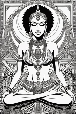 black and white comic book, cartoon illustration, coloring book page, black woman, egyptian art, ankh, pyramid, djed,  illustration,  black and white coloring book style, clean, line art, fractal art, sacred geometry, 432hz cymatics, kemet, african meditation, 7 energy chakras,3d style,tshirt design,gh3a,c0l0 style