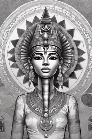 black woman, egyptian art, ankh, pyramid, djed,  illustration,  clean, line art, fractal art, sacred geometry, 432hz cymatics, kemet, african meditation, 7 energy chakras,3d style,tshirt design