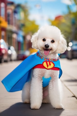 dog, a colorful town, a superhero poodle, wearing a special toothbrush cape and toothpaste mask, flying around the town, sparkly blue toothbrush cape, her toothpaste mask had a big, bright smile
