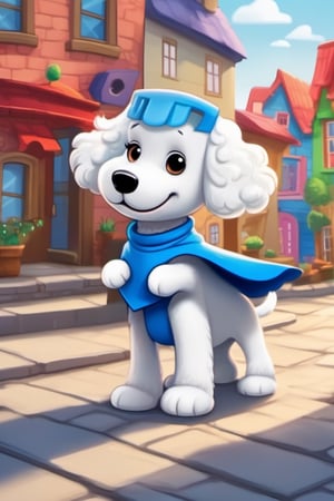 dog, a colorful town, a superhero poodle, wearing a bright blue cape, toothbrush sidekick, flying around the town, blue cape, her toothpaste mask,cute comic,cute dragon