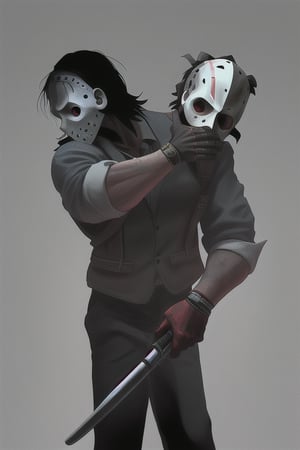 Jason Vorhees holding a head in his right hand and a mechette in his left