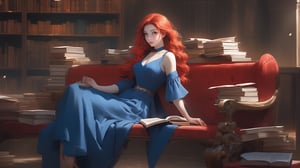 A (((beautiful young woman with red hair))), dressed in a (((blue and red outfit))), posing elegantly on a bench in a ((room)), with an air of confidence and seduction. Her gaze falls softly upon the viewer, surrounded by an array of books that add an intellectual and artful atmosphere. The combination of the woman's attire, her gaze, and the presence of the books creates an erotic and intriguing scene that captures the viewer's attention. nsfw,3dcharacter,niji style