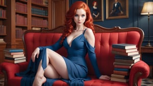 A (((beautiful young woman with red hair))), dressed in a (((blue and red outfit))), posing elegantly on a bench in a ((room)), with an air of confidence and seduction. Her gaze falls softly upon the viewer, surrounded by an array of books that add an intellectual and artful atmosphere. The combination of the woman's attire, her gaze, and the presence of the books creates an erotic and intriguing scene that captures the viewer's attention. nsfw