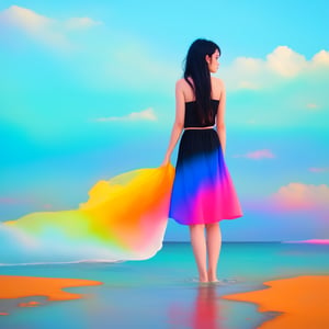  1girl, solo, long hair, black hair, dress, skirt hold, wading, sleeveless, barefoot, bare shoulders, standing, from behind, outdoors, cloud, sky, bird, water, rainbow, erotic,  Polychrome, limited palette, colorful, main subject with primary colors, background with complementary colors, volumetric lighting, depth of field, realistic, 