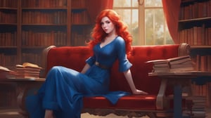 A (((beautiful young woman with red hair))), dressed in a (((blue and red outfit))), posing elegantly on a bench in a ((room)), with an air of confidence and seduction. Her gaze falls softly upon the viewer, surrounded by an array of books that add an intellectual and artful atmosphere. The combination of the woman's attire, her gaze, and the presence of the books creates an erotic and intriguing scene that captures the viewer's attention. nsfw