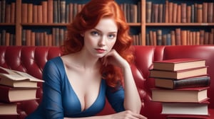 A (((beautiful young woman with red hair))), dressed in a (((blue and red outfit))), posing elegantly on a bench in a ((room)), with an air of confidence and seduction. Her gaze falls softly upon the viewer, surrounded by an array of books that add an intellectual and artful atmosphere. The combination of the woman's attire, her gaze, and the presence of the books creates an erotic and intriguing scene that captures the viewer's attention. nsfw,