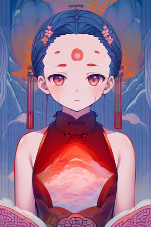  (erotic:1.8), Polychrome, limited palette, colorful, 1girl  with primary colors, (cloudy_sky with complementary colors:1.8), white flower, pink flowers,  volumetric lighting, depth of field, realistic,  perfect anatomy, 
 (1 Chinese patterns in the middle of the girl's forehead:1.8), (upper body:1.2), 