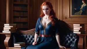 A (((beautiful young woman with red hair))), dressed in a (((blue and red outfit))), posing elegantly on a bench in a ((room)), with an air of confidence and seduction. Her gaze falls softly upon the viewer, surrounded by an array of books that add an intellectual and artful atmosphere. The combination of the woman's attire, her gaze, and the presence of the books creates an erotic and intriguing scene that captures the viewer's attention. nsfw,
