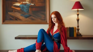 A (((beautiful young woman with red hair))), dressed in a (((blue and red outfit))), posing elegantly on a bench in a ((room)), with an air of confidence and seduction. Her gaze falls softly upon the viewer, surrounded by an array of books that add an intellectual and artful atmosphere. The combination of the woman's attire, her gaze, and the presence of the books creates an erotic and intriguing scene that captures the viewer's attention. nsfw,xxmixgirl
