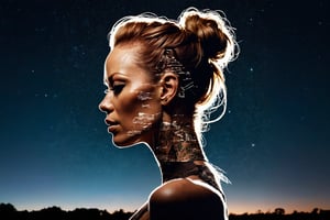 Double exposure effect of Jenna Jameson portrait silhouette, superimposed against night sky